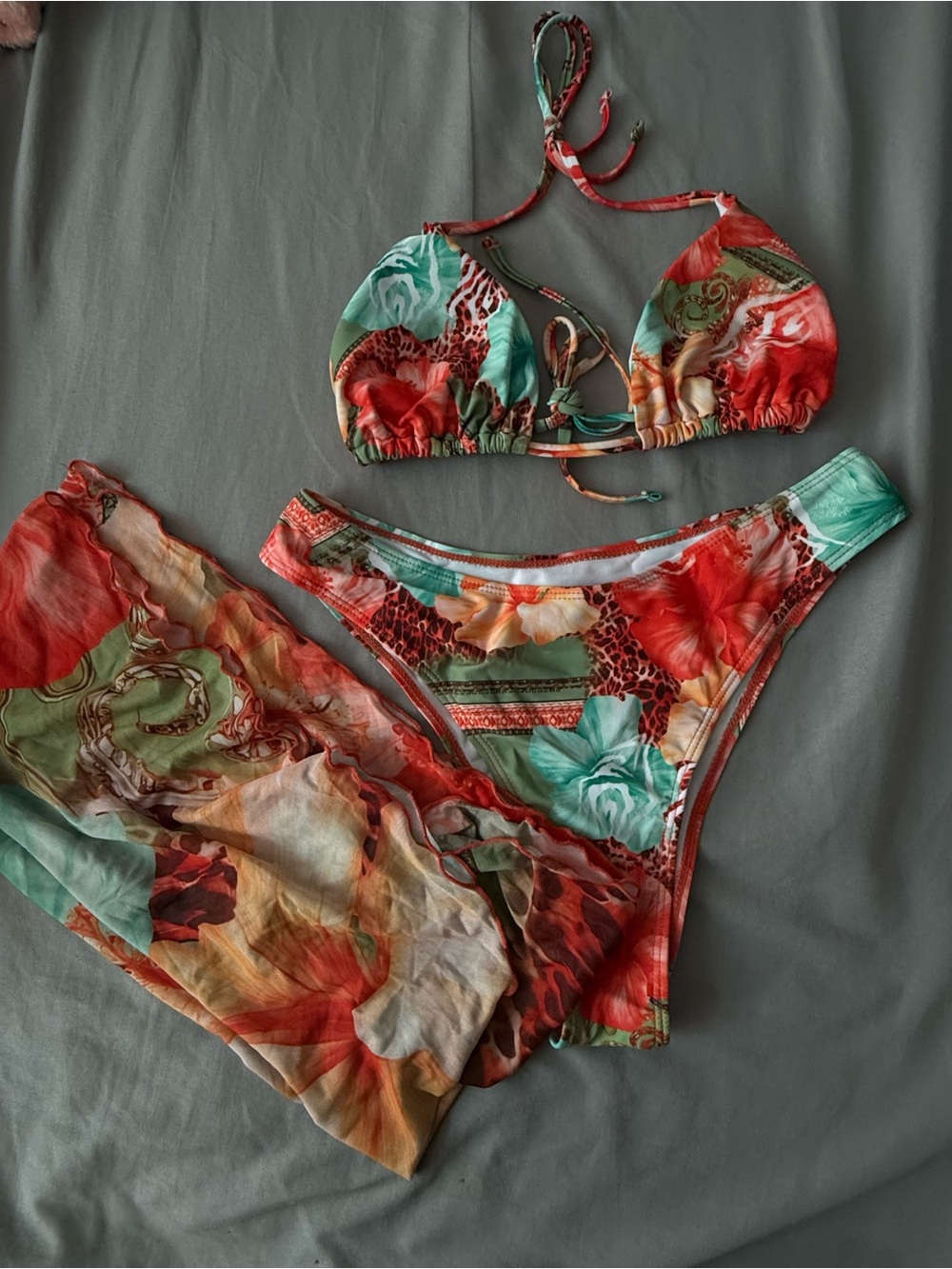 SHEIN Floral Triangle Bikini Set in Red & Teal